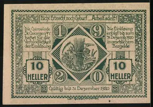 Notgeld St. Georgen 1920, 10 Heller, Reiterdarstellung und landwirtschaftliches Motiv