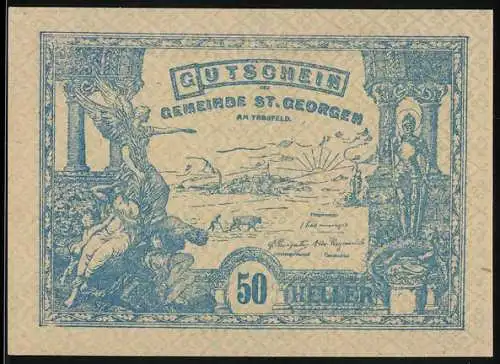 Notgeld St. Georgen 1920, 50 Heller, mythologische Szene mit geflügelter Figur und Landschaft