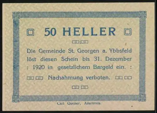 Notgeld St. Georgen 1920, 50 Heller, mythologische Szene mit geflügelter Figur und Landschaft