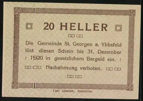 Notgeld St. Georgen 1920, 20 Heller, Jagdszene mit Landschaftsmotiv