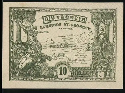 Notgeld St. Georgen 1920, 10 Heller, antike Szene mit Engel und Landschaftsmotiv