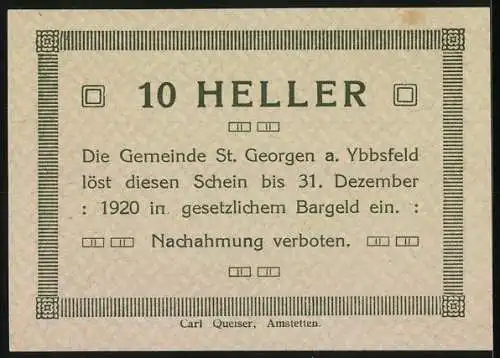 Notgeld St. Georgen 1920, 10 Heller, antike Szene mit Engel und Landschaftsmotiv