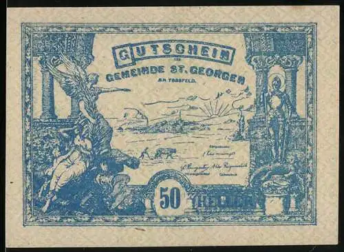 Notgeld St. Georgen 1920, 50 Heller, Landschaft mit Figuren und Engel, Carl Queiser, Amstetten