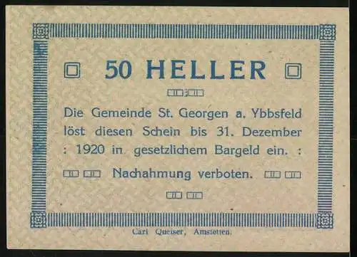 Notgeld St. Georgen 1920, 50 Heller, Landschaft mit Figuren und Engel, Carl Queiser, Amstetten