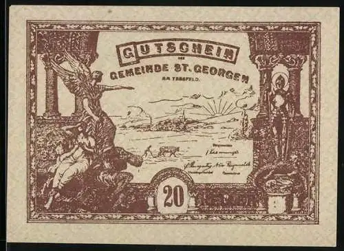 Notgeld St. Georgen 1920, 20 Heller, Landschaftsmotiv mit Adler und Ornamentik