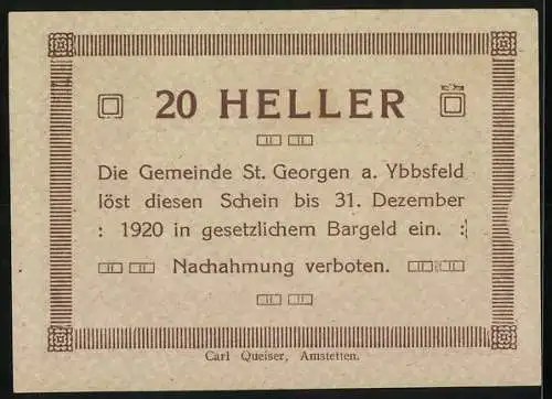 Notgeld St. Georgen 1920, 20 Heller, Landschaftsmotiv mit Adler und Ornamentik