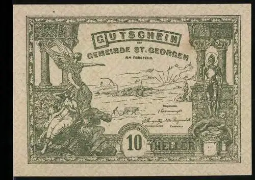 Notgeld St. Georgen 1920, 10 Heller, Engel und Landschaft, Statuen und Säulen, Carl Queiser Amstetten