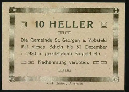 Notgeld St. Georgen 1920, 10 Heller, Engel und Landschaft, Statuen und Säulen, Carl Queiser Amstetten