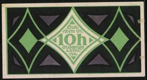 Notgeld St. Georgen, 10 Heller, geometrisches Muster in Grün und Schwarz