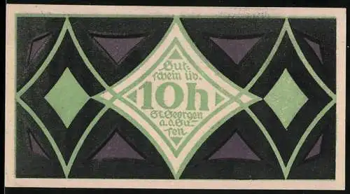 Notgeld St. Georgen, 10 Heller, geometrisches Muster in Grün und Schwarz