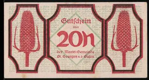 Notgeld St. Georgen a. Gusen 1920, 20 Heller, Disteln und Landkarte mit Lupe-Motiv