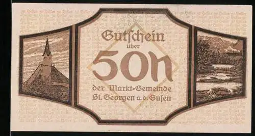 Notgeld St. Georgen a. d. Gusen, 50 Heller, Kirche und Landschaft, Karte mit Lupe, 1920er Jahre