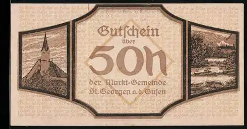 Notgeld St. Georgen a.d. Gusen, 50 Heller, Kirche und Landschaft, Hand mit Lupe über Landkarte