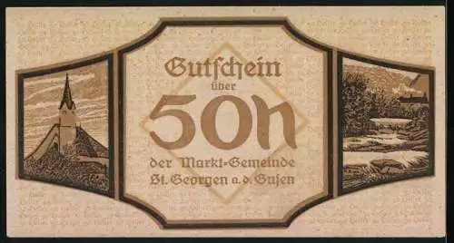 Notgeld St. Georgen a.d. Gusen 1920, 50 Heller, Lupe über Karte, Kirche und Landschaftsmotiv