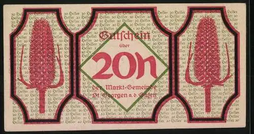 Notgeld St. Georgen 1920, 20 Heller, Landkarte mit Wappen und Tannenzapfenmotiven