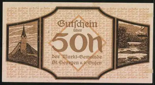 Notgeld St. Georgen a. d. Gusen 1920, 50 Heller, Landkarte mit Lupe und Kirche im Hintergrund