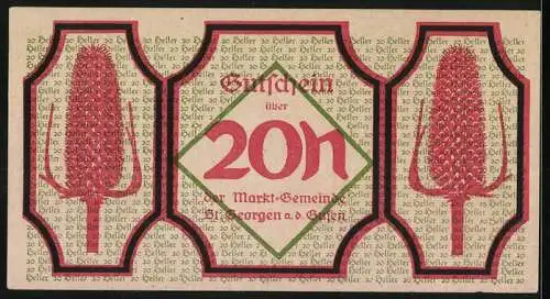 Notgeld St. Georgen 1920, 20 Heller, Lupenkarte und Pflanzenmotiv, Seriennummer R.8