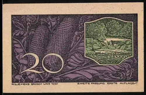 Notgeld St. Georgen a. d. Gusen 1920, 20 Heller, lila Maiskolben und Landschaftsmotiv