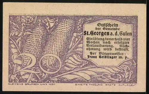 Notgeld St. Georgen a. d. Gusen 1920, 20 Heller, lila Maiskolben und Landschaftsmotiv
