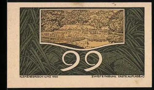 Notgeld St. Georgen a. d. Gusen 1920, 99 Heller, Landschaftsmotiv mit Wasser und Bäumen, Gutscheintext, Klemens Brosch