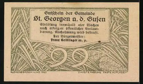 Notgeld St. Georgen a. d. Gusen 1920, 99 Heller, Landschaftsmotiv mit Wasser und Bäumen, Gutscheintext, Klemens Brosch