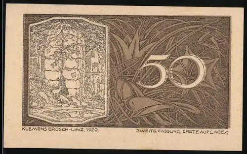 Notgeld St. Georgen an der Gusen 1920, 50 Heller, Naturmotiv mit Pflanzen und Ruinenmauer, von Klemens Brosch