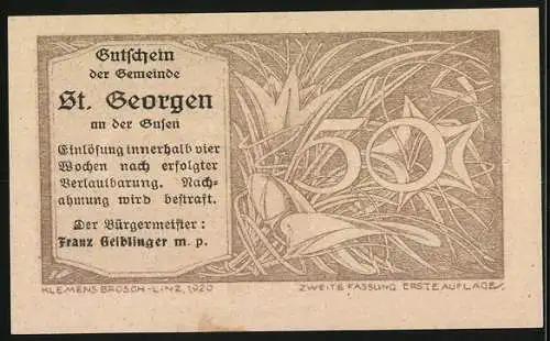 Notgeld St. Georgen an der Gusen 1920, 50 Heller, Naturmotiv mit Pflanzen und Ruinenmauer, von Klemens Brosch