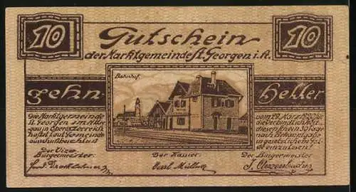 Notgeld St. Georgen im Attergau, 10 Heller, Herrenhaus und Bahnhofsmotiv