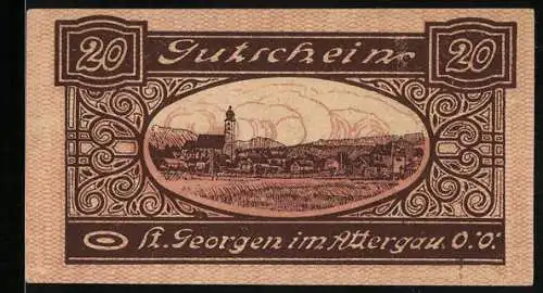 Notgeld St. Georgen im Attergau, 20 Heller, Stadtansicht und Wappen mit Ritter auf Pferd