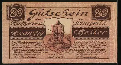 Notgeld St. Georgen im Attergau, 20 Heller, Stadtansicht und Wappen mit Ritter auf Pferd