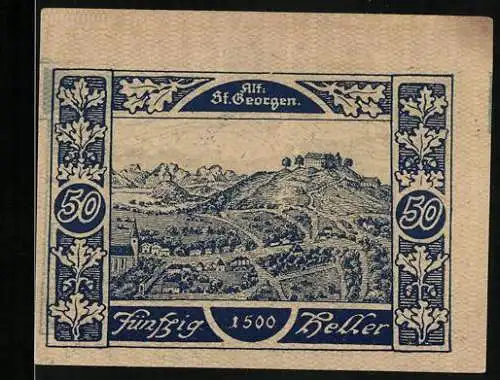 Notgeld St. Georgen, 50 Heller, Landschafts- und Kirchenmotif mit Eichenlaub-Umrandung