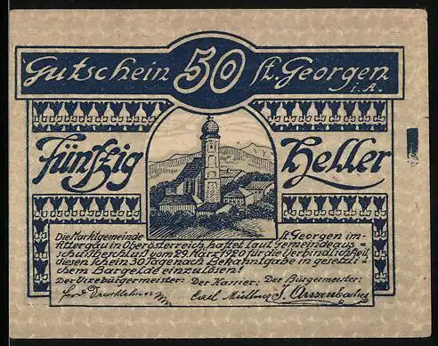 Notgeld St. Georgen, 50 Heller, Kirche und Berglandschaft, 1920er Jahre