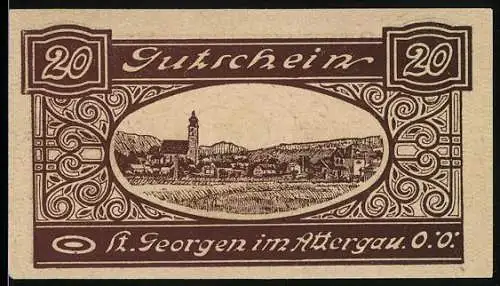 Notgeld St. Georgen im Attergau, 20 Heller, Stadtansicht und Ritter mit Wappen