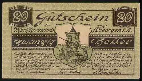 Notgeld St. Georgen im Attergau, 20 Heller, Stadtansicht und Ritter mit Wappen