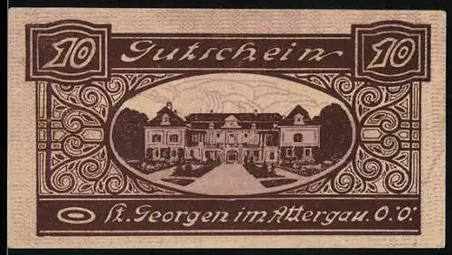 Notgeld St. Georgen im Attergau, 10 Heller, Herrenhaus und Bahnhofsgebäude