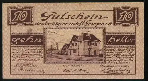 Notgeld St. Georgen im Attergau, 10 Heller, Herrenhaus und Bahnhofsgebäude