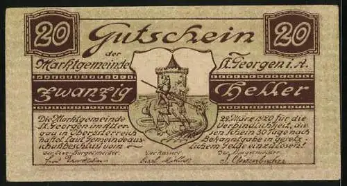 Notgeld St. Georgen im Attergau, 20 Heller, Stadtansicht und Ritter mit Wappen