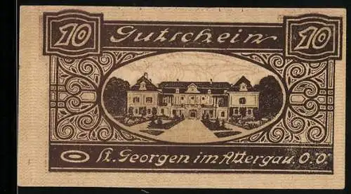 Notgeld St. Georgen im Attergau, 10 Heller, Herrenhaus und Bahnhofsmotiv