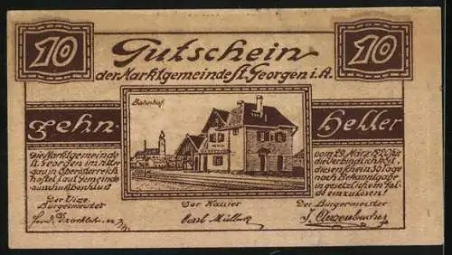 Notgeld St. Georgen im Attergau, 10 Heller, Herrenhaus und Bahnhofsmotiv