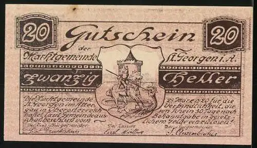 Notgeld St. Georgen im Attergau, 20 Heller, Stadtansicht und Wappen mit Reiter und Turm