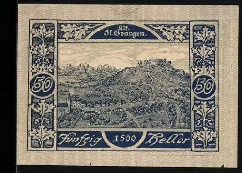 Notgeld St. Georgen, 50 Heller, Landschaftsansicht und Kirche im Ortsbild