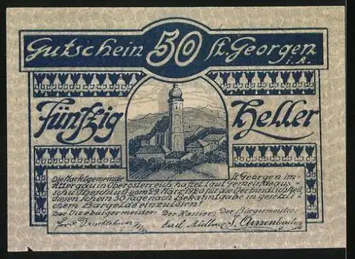 Notgeld St. Georgen, 50 Heller, Landschaftsansicht und Kirche im Ortsbild
