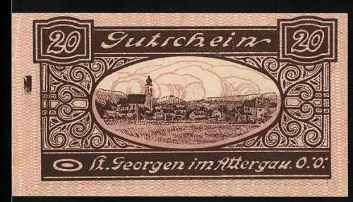 Notgeld St. Georgen im Attergau 1920, 20 Heller, Landschaftsansicht und Wappen mit Ritter