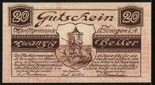 Notgeld St. Georgen im Attergau 1920, 20 Heller, Landschaftsansicht und Wappen mit Ritter