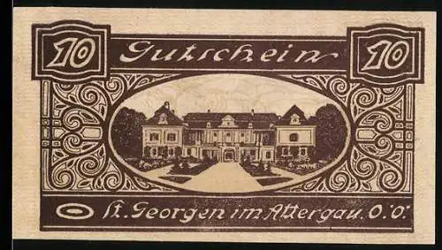 Notgeld St. Georgen im Attergau, 10 Heller, Herrenhaus und Bahnhofsmotiv