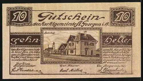 Notgeld St. Georgen im Attergau, 10 Heller, Herrenhaus und Bahnhofsmotiv