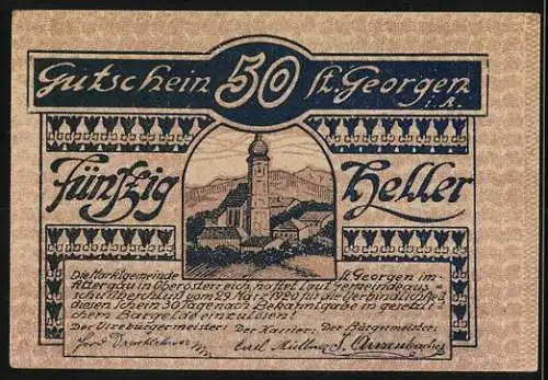 Notgeld St. Georgen, 50 Heller, Landschaft mit Burg und Kirche, Eichenlaub-Ornamente