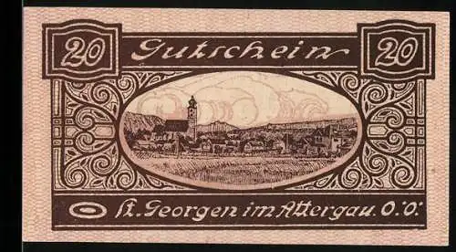 Notgeld St. Georgen im Attergau, 20 Heller, Stadtansicht und Ritterwappen