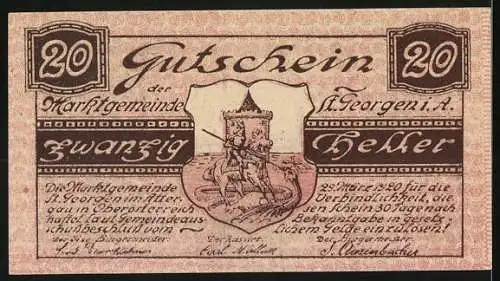 Notgeld St. Georgen im Attergau, 20 Heller, Stadtansicht und Ritterwappen