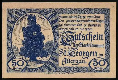 Notgeld St. Georgen im Attergau 1921, 50 Heller, Baum und Wappen, Text über grosse Not und Zeugenschaft